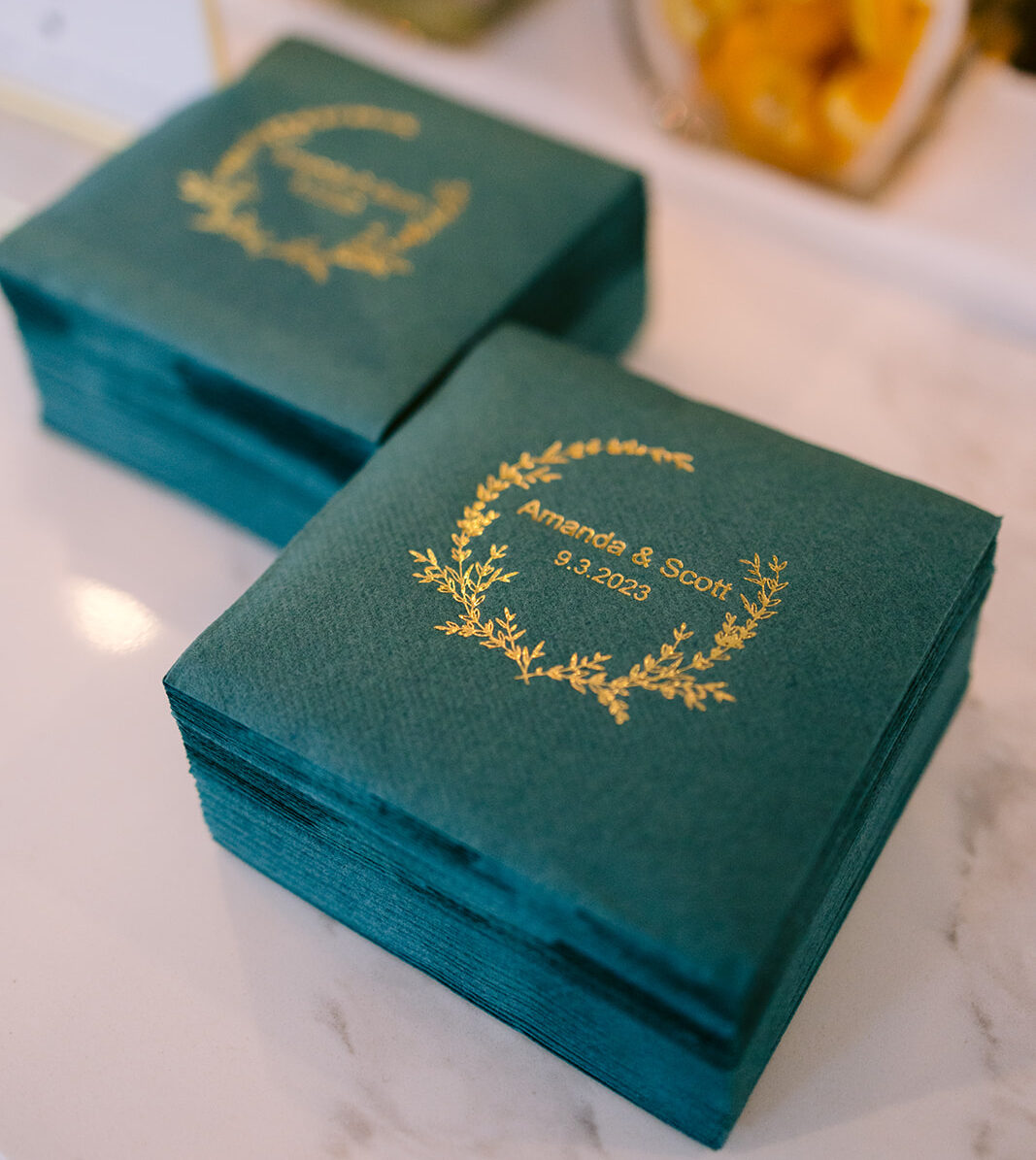 Cocktail hour green and gold customized paper napkins.