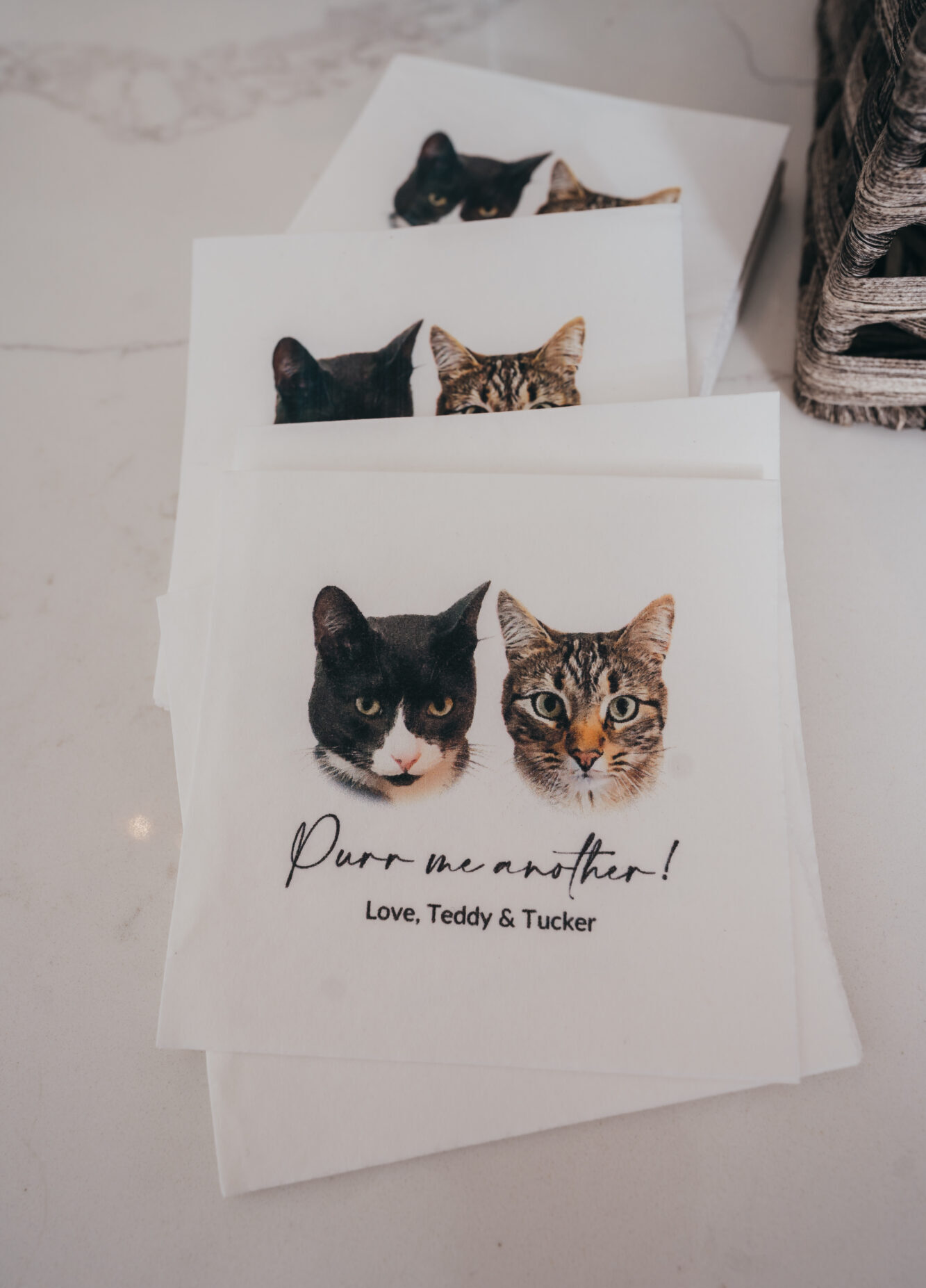 Customized pet cat-themed cocktail napkins for wedding cocktail hour.