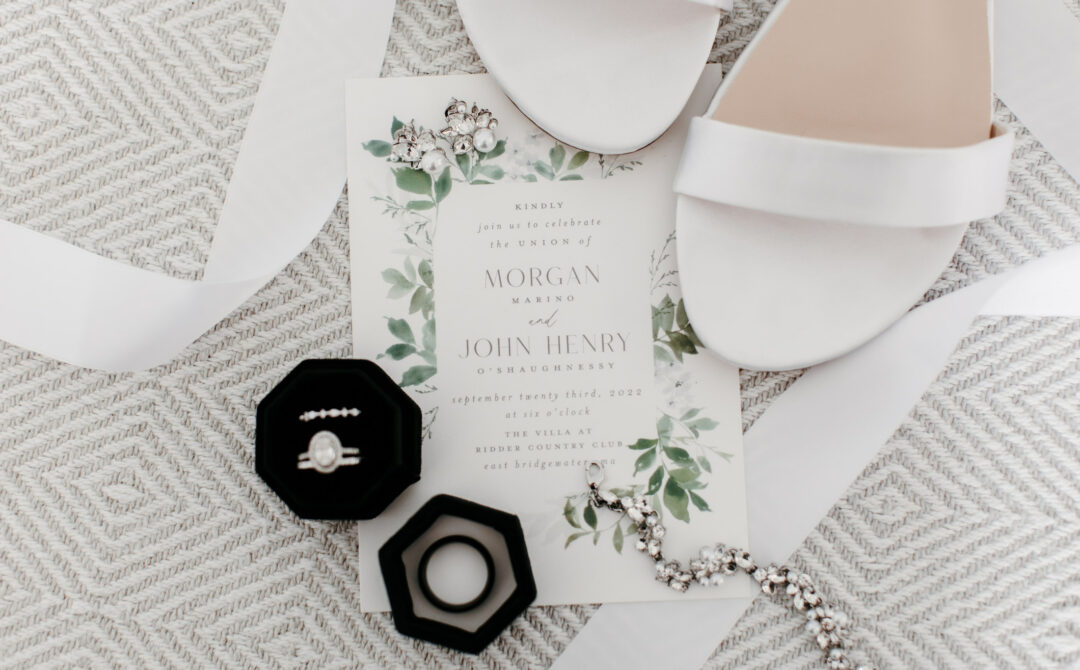 White Wedding Invitation White Shoes Black Ring Box
