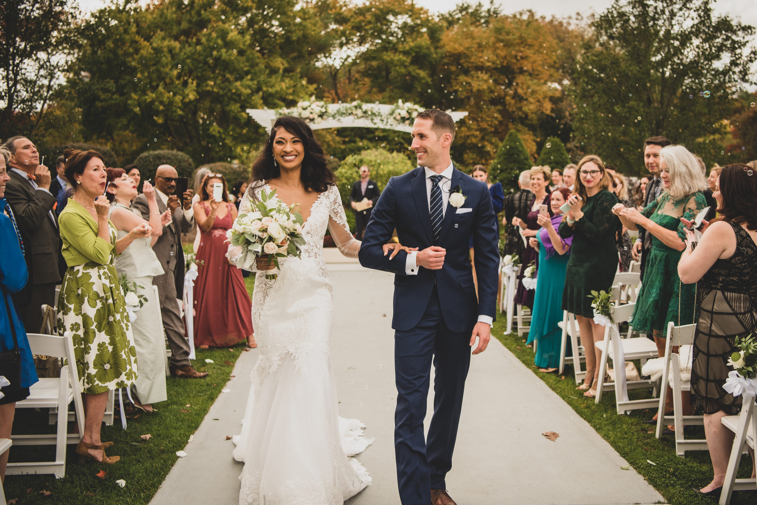 Bride and Groom Walking Down Aisle at Massachusetts Fall Wedding