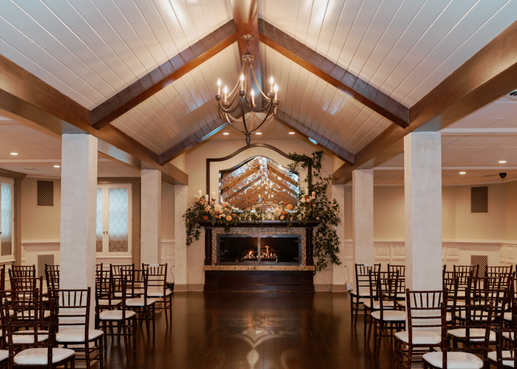 The Villa – Madera Ballroom | Indoor Ceremony with Fireplace | Kelly Stevens Photography