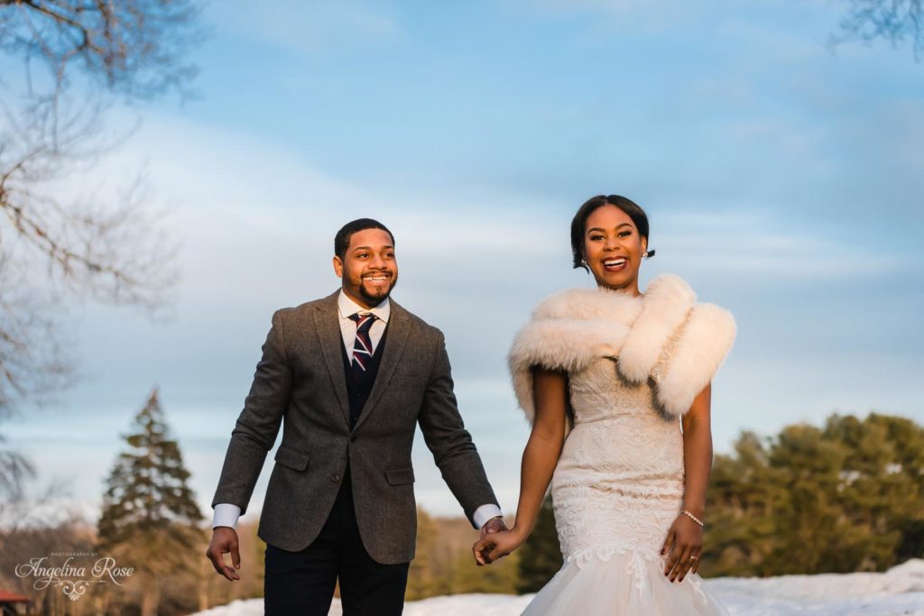 Stylish winter bride and groom attire