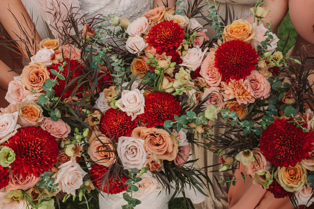 Fall Wedding Flower Bouquets with Orange, Red, and Pink