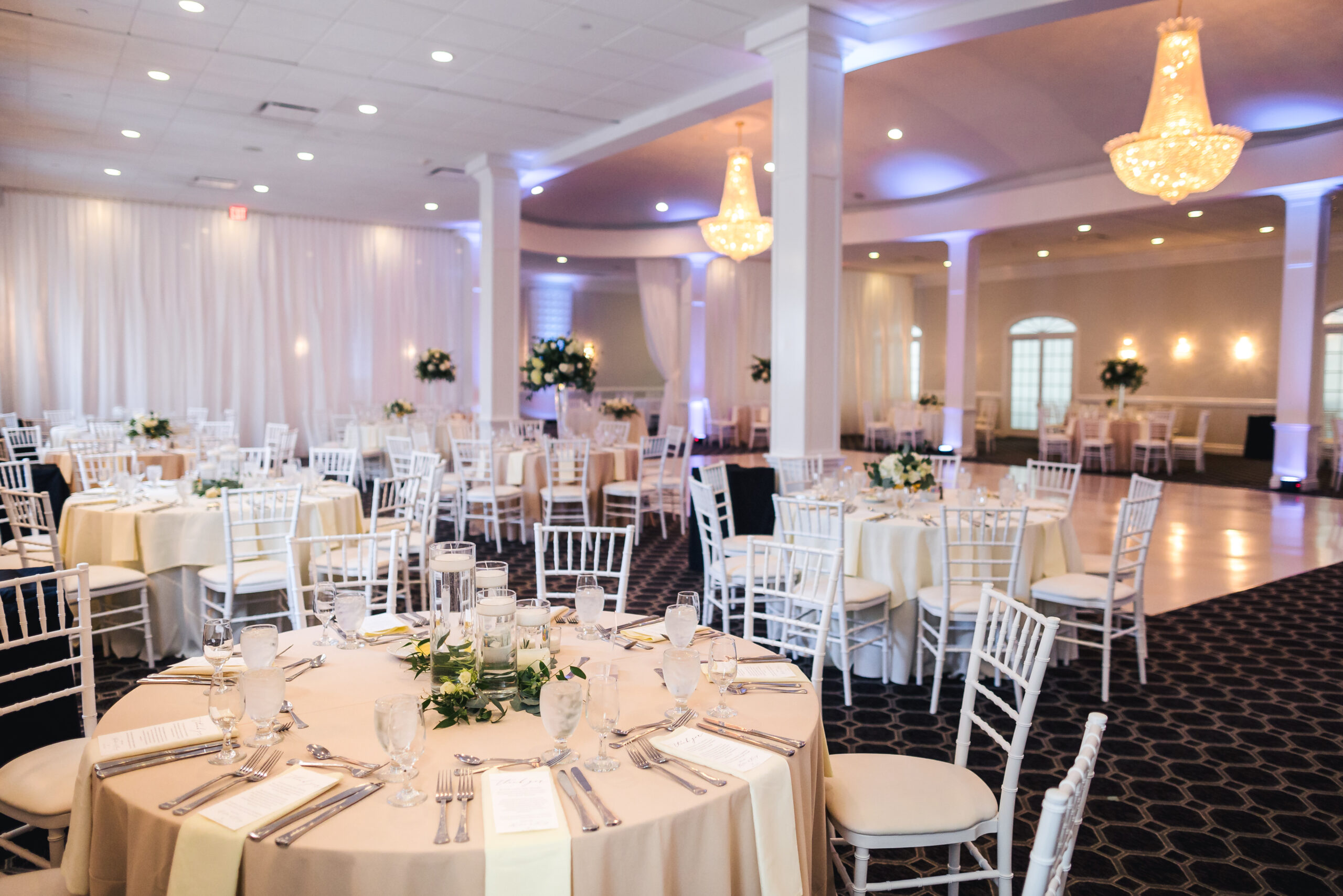 Large Wedding Ballroom with Crystal Chandeliers