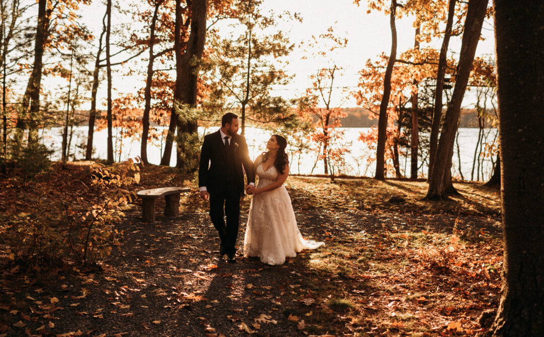 Wedding Couple Walking in Forest on Lake Massapoag in Sharon, Massachusetts