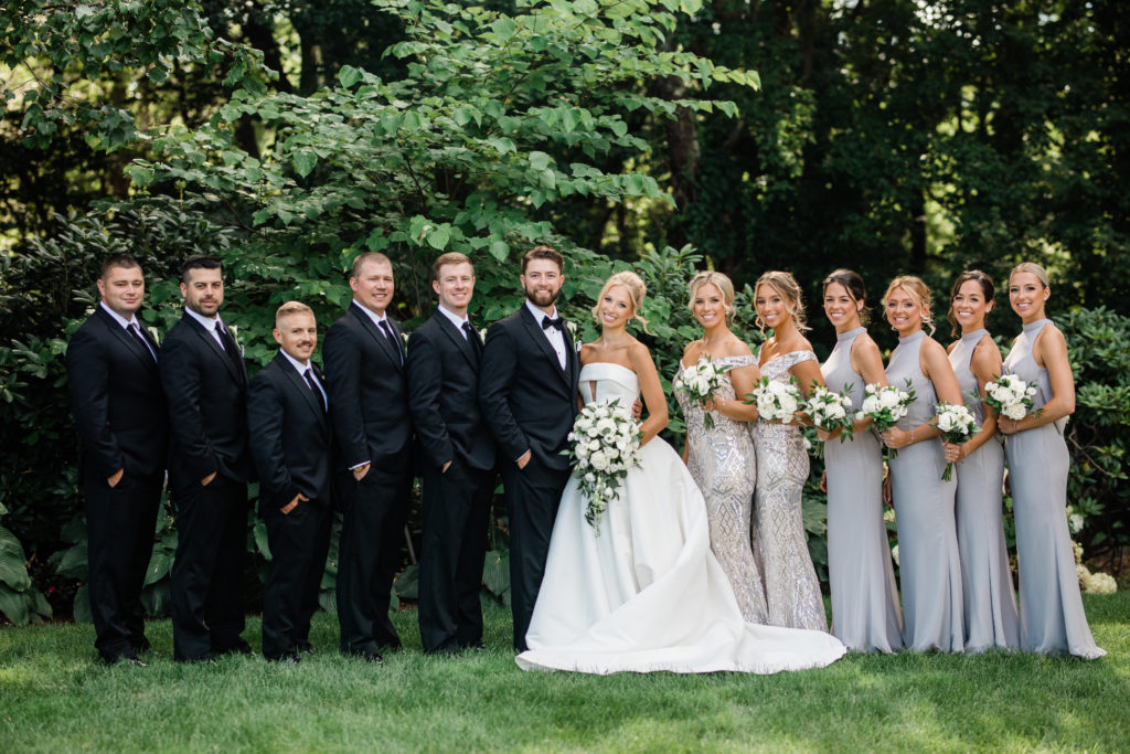 Wedding Party in Black, White, and Silver Color Scheme at Avenir in Walpole, Massachusetts