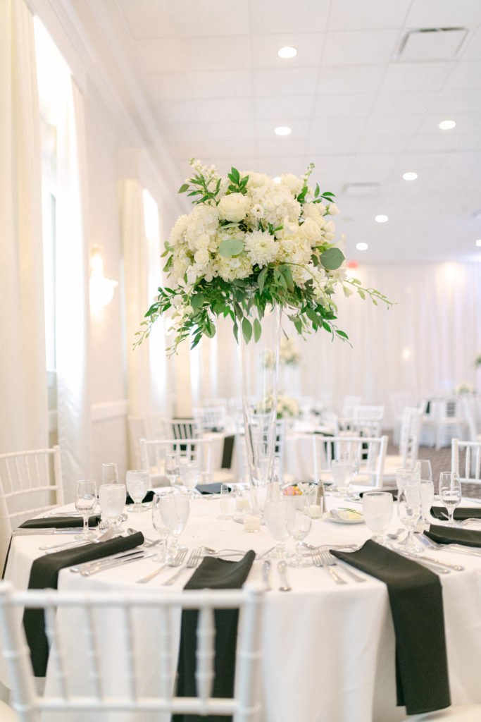 Black and White Color Scheme with Tall Floral Centerpieces