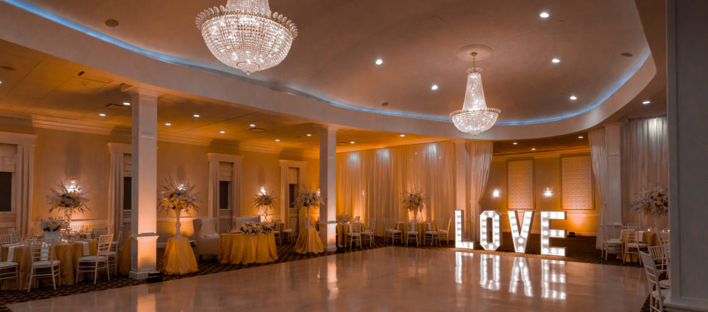 Orange Wedding Color Decor with Backlighting and Marquee Letters Ballroom Dancefloor in Walpole, Massachusetts