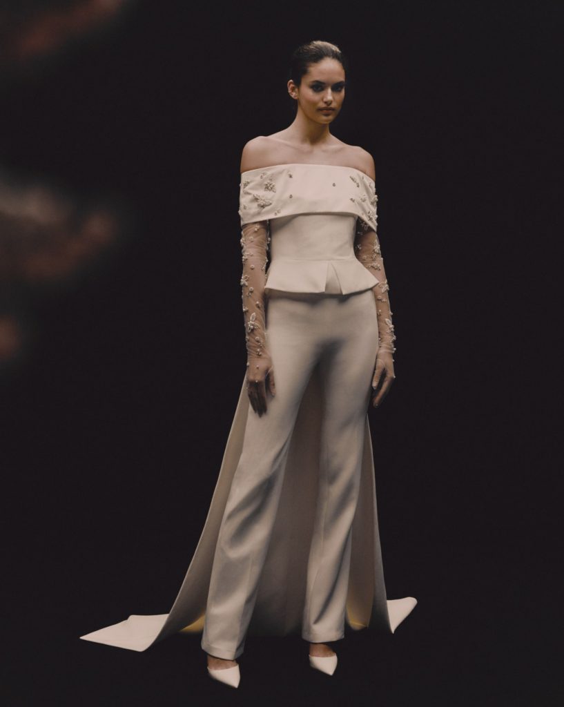 Bride modeling a 2023 Safiyaa wedding design with pants