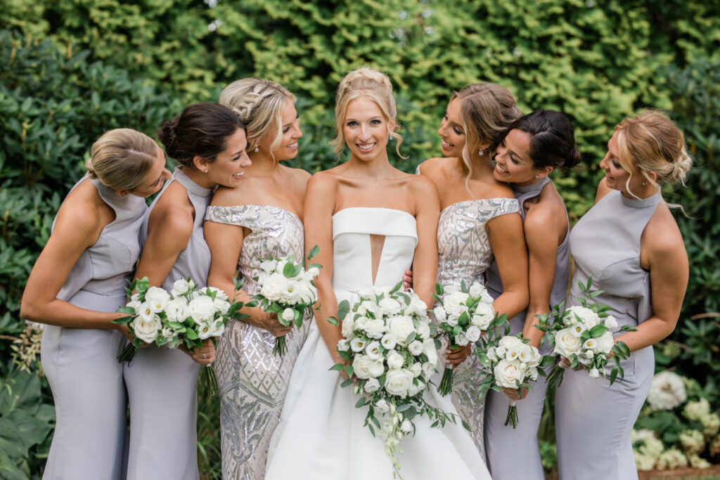 Bride with Her Bridesmaids in Silver