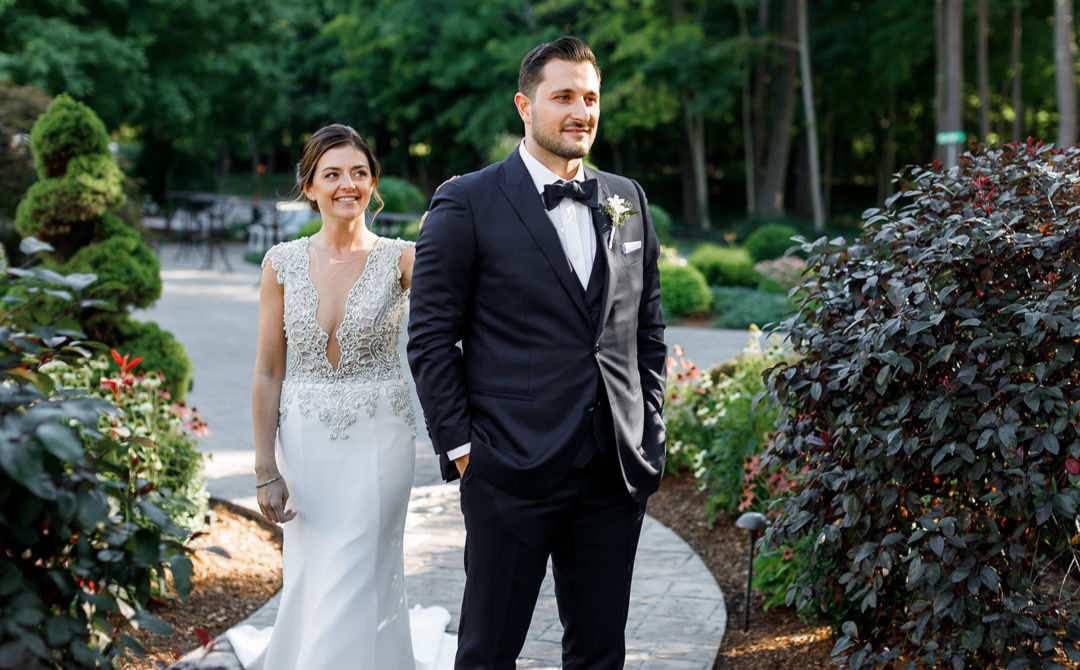 Bride and Groom first look at Saphire Estate in Sharon Massachusetts