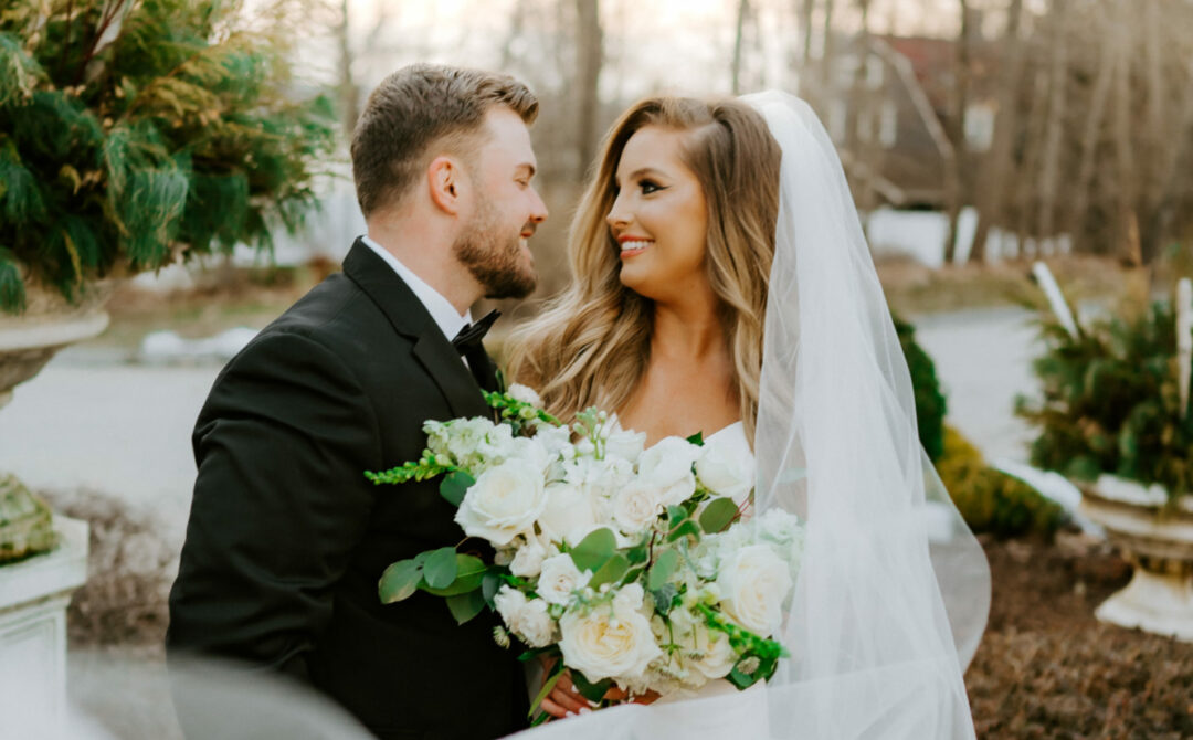 Bride and groom portrait outside Saphire Estate in Sharon, Massachusetts