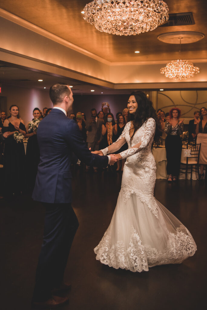 Bride and groom share first dance in Grand Ballroom in East Bridgewater, Massachusetts