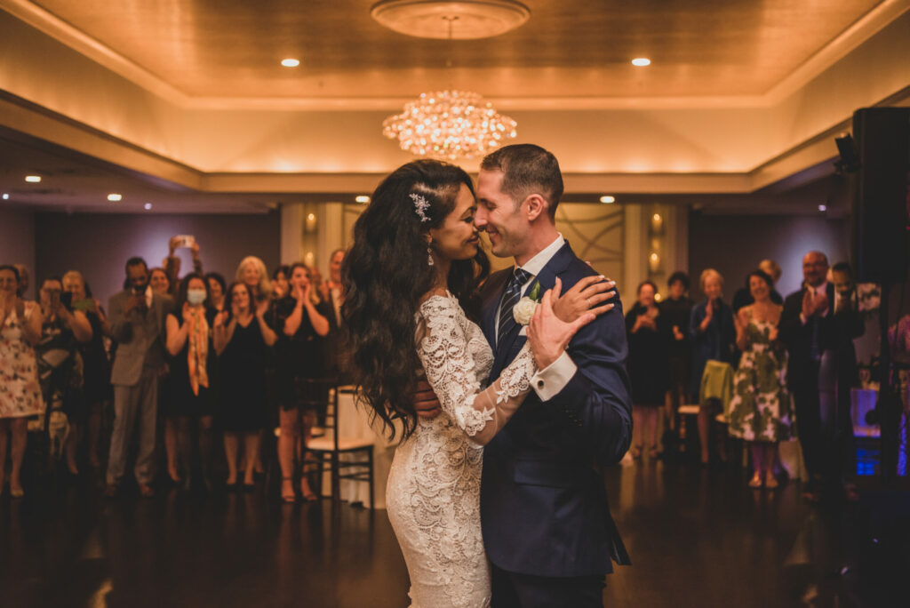 Bride and groom share first dance in Grand Ballroom in East Bridgewater, Massachusetts