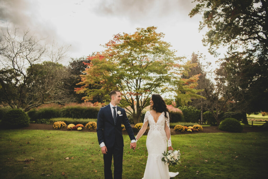 Massachusetts fall wedding bride and groom