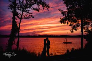 Bride and Groom Take Pictures During Sunset at Saphire Estate