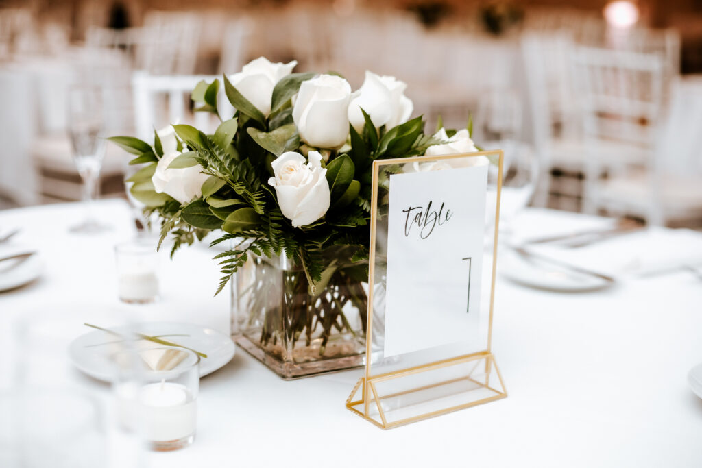 White and Gold Table Number with White Flowers