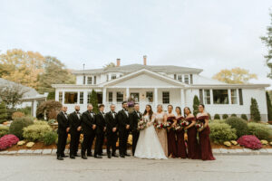 Wedding Party Poses Outside of Saphire Estate in Sharon Massachusetts