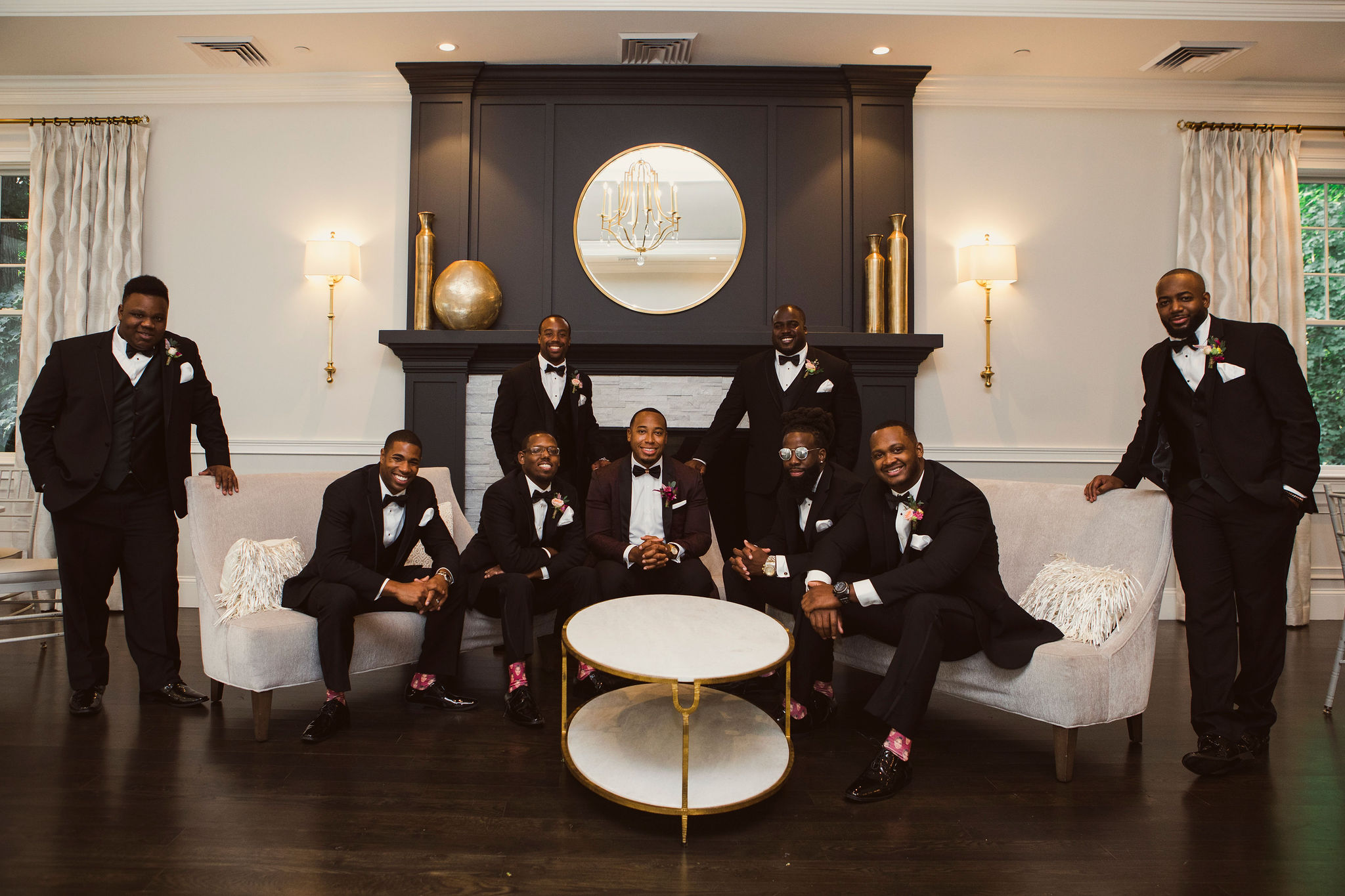 groomsmen wedding photo in indoor lounge