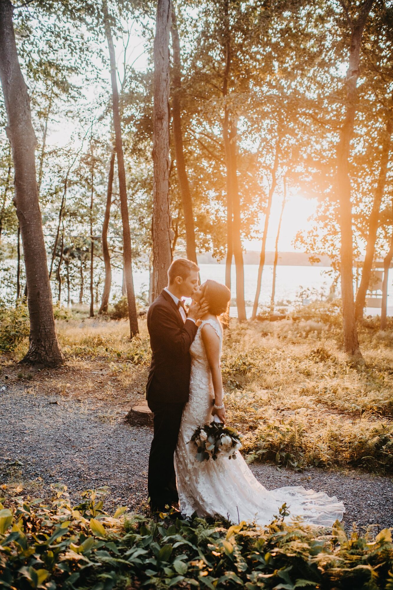 golden hour lakeside wedding photo