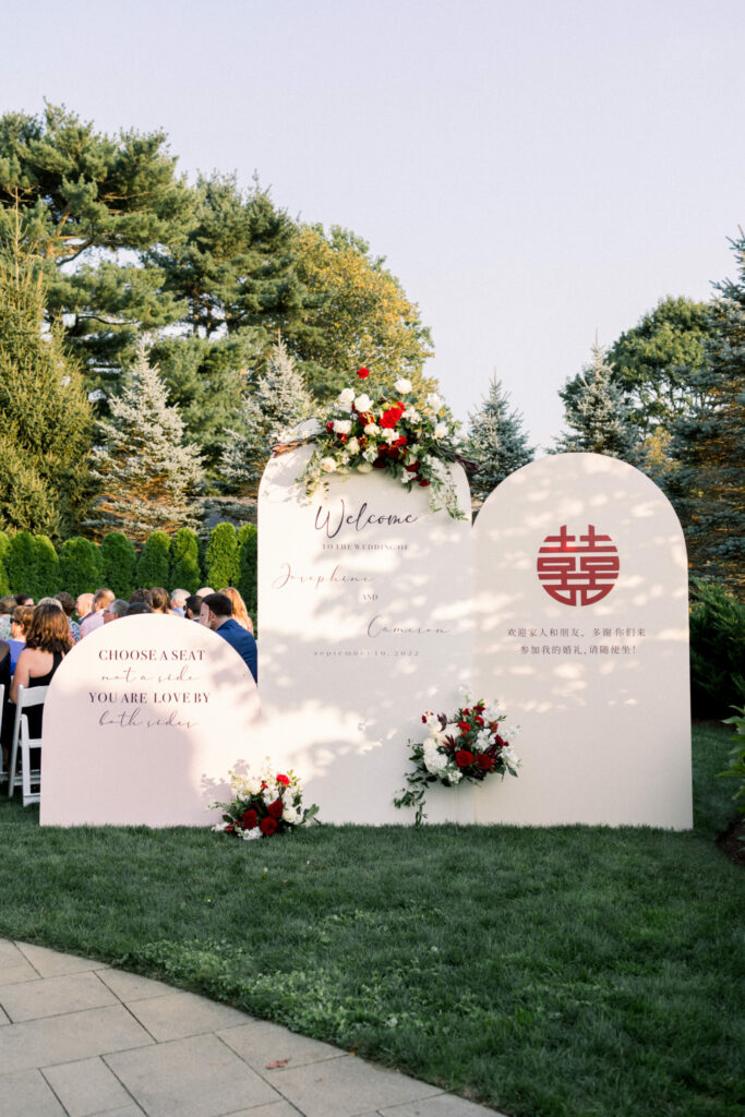Arch Welcome Sign in Cream and Beige for Outdoor Wedding Ceremony at The Villa