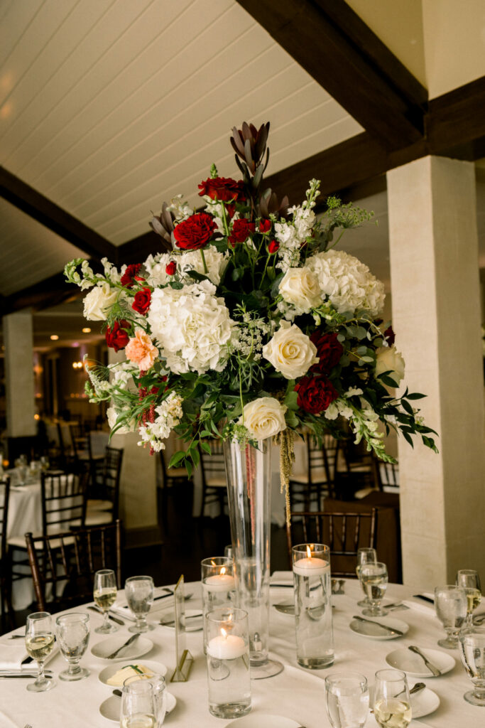 Red White and Pink Floral Centerpiece for Rustic Wedding