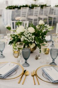 Blue and Gold Tablescape at Outdoor Summer Wedding at The Tent In East Bridgewater Massachusetts
