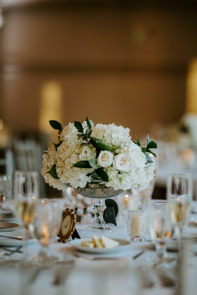 White Flower Centerpiece at Saphire Estate Wedding in Sharon Massachusetts