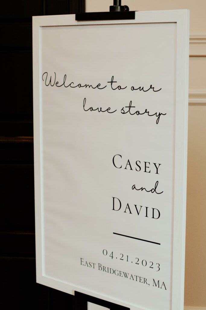 Black and White Welcome Sign at Massachusetts Rustic Wedding