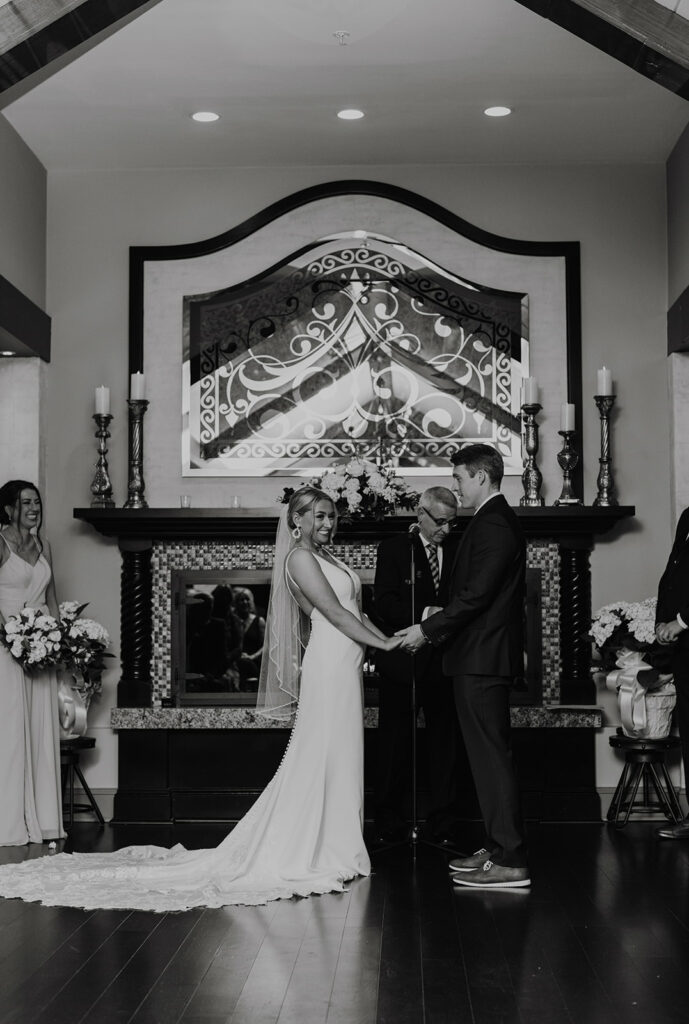Bride and Groom Indoor Wedding Ceremony Black and White