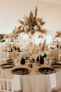 Pampas Grass and White Roses Centerpiece for Massachusetts Tent Wedding