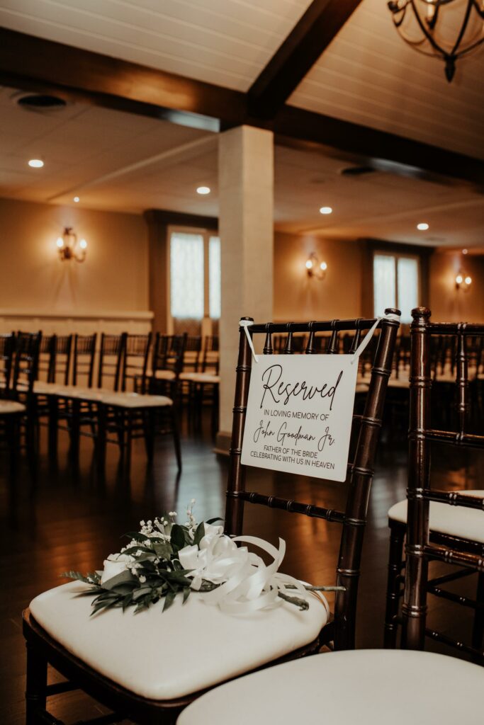 Reserved Seat Sign at Rustic Ballroom Wedding Ceremony in Massachusetts