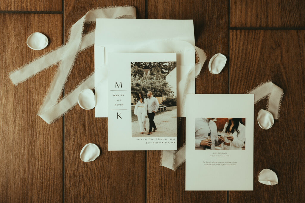 Save The Date White Rose Petals Ribbons Flatlay