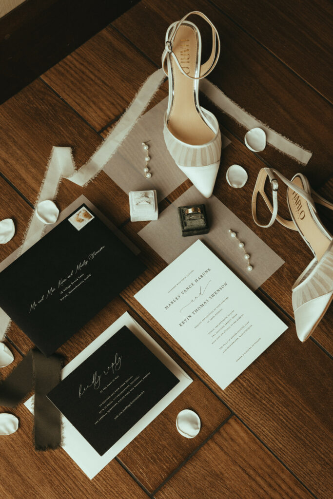 Sophisticated Jewelry Bridal Shoes Invitations Ring Box Flatlay