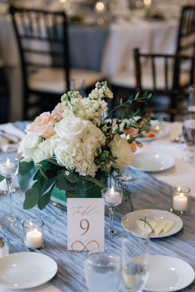 Dusty Blue Pink and White Low Centerpiece and Gold Table Number