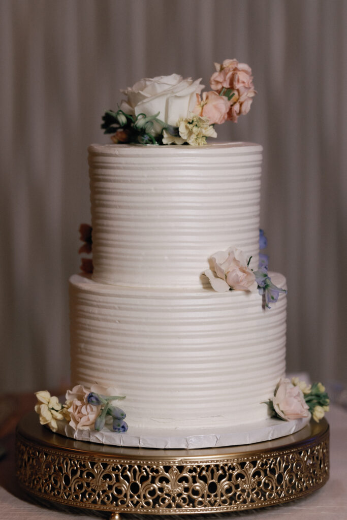 Dusty Blue Pink and White Wedding Cake