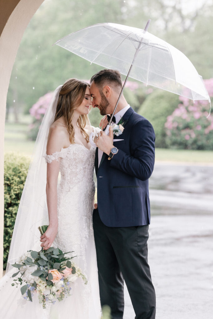 Bride and Groom Under Umbrella Touching Foreheads