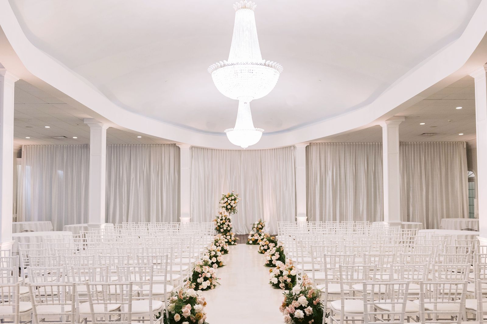 White Crystal Ballroom Aisle Decor for Indoor Wedding Ceremony at Avenir 