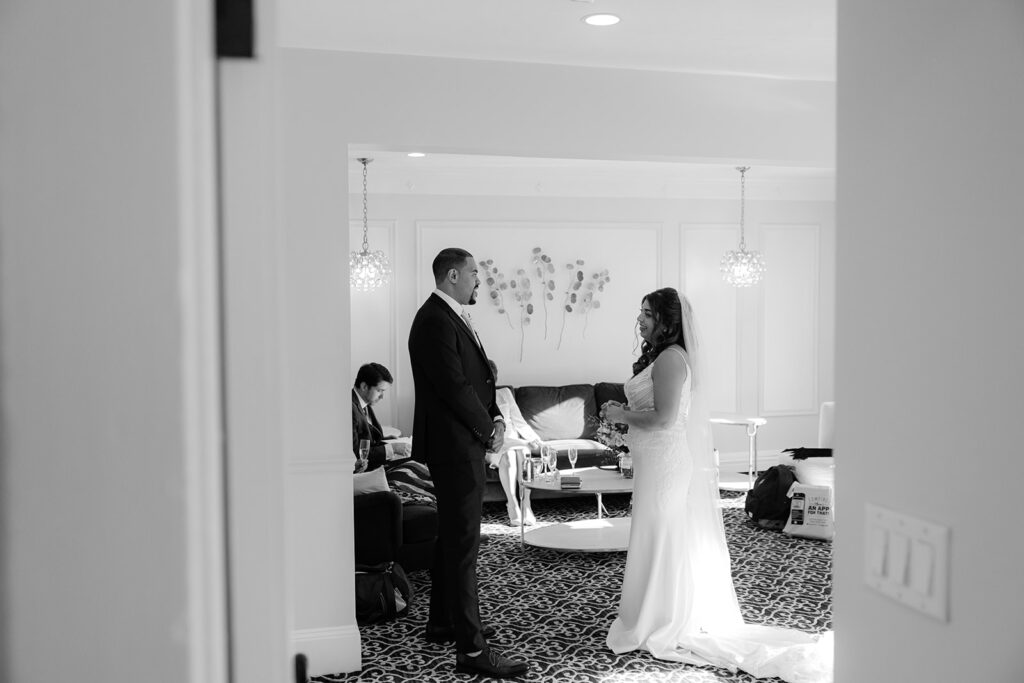 Black and White Photo of Bride and Groom at Wedding