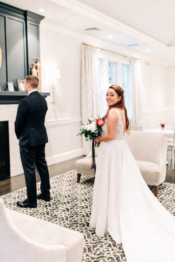 Bride and Groom First Look Inside Saphire Estate Cocktail Space