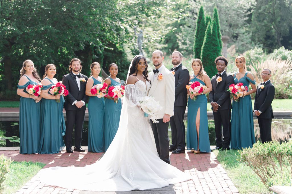 teal and pink wedding party attire