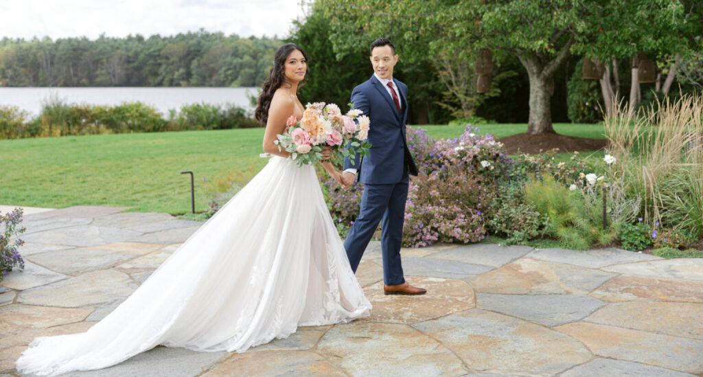 bride in long romanic wedding dress