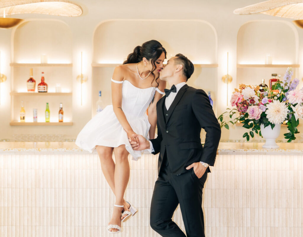wedding couple kissing