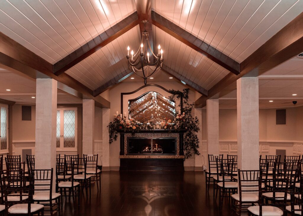 madera ballroom with mocha and wood tones and vaulted ceiling
