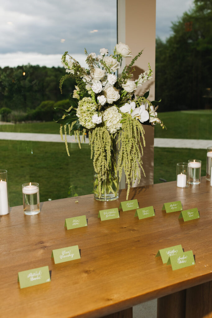 Green and white floral tablescape