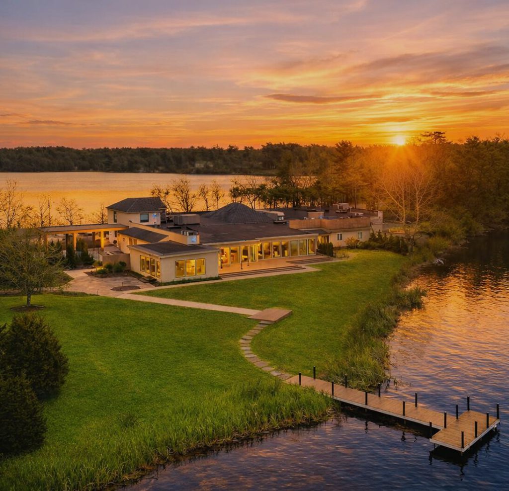 Aerial view of The Lakehouse and its dock on the water at sunset.