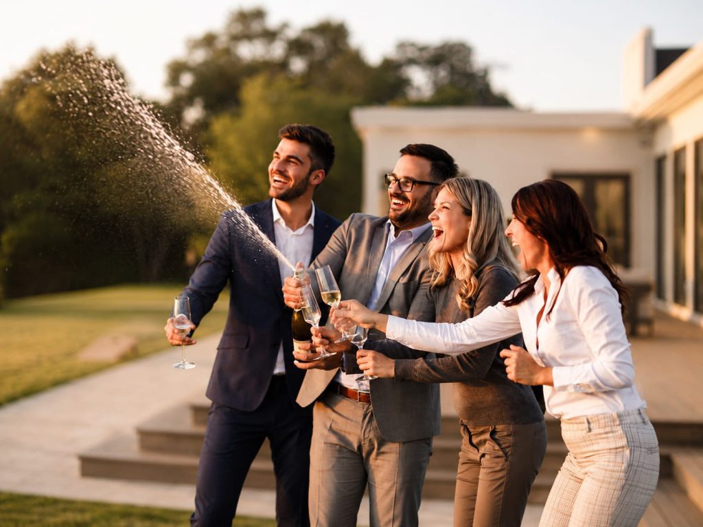 Friends spraying champagne on a sunlit venue patio